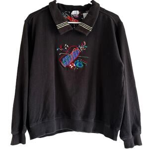 VTG Line Up Polo Sweatshirt 80s Embroidered Golf Logo 100% Cotton Black Small